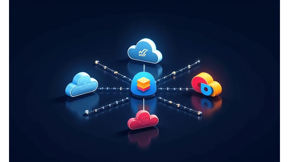 Bulut servis sağlayıcılarının soyut temsillerini gösteren grafiksel bir resim: AWS için bulut ikonu, Azure için kalkan ikonu, Google Cloud için çok renkli küre. Hepsi birbirine bağlanmış gibi.