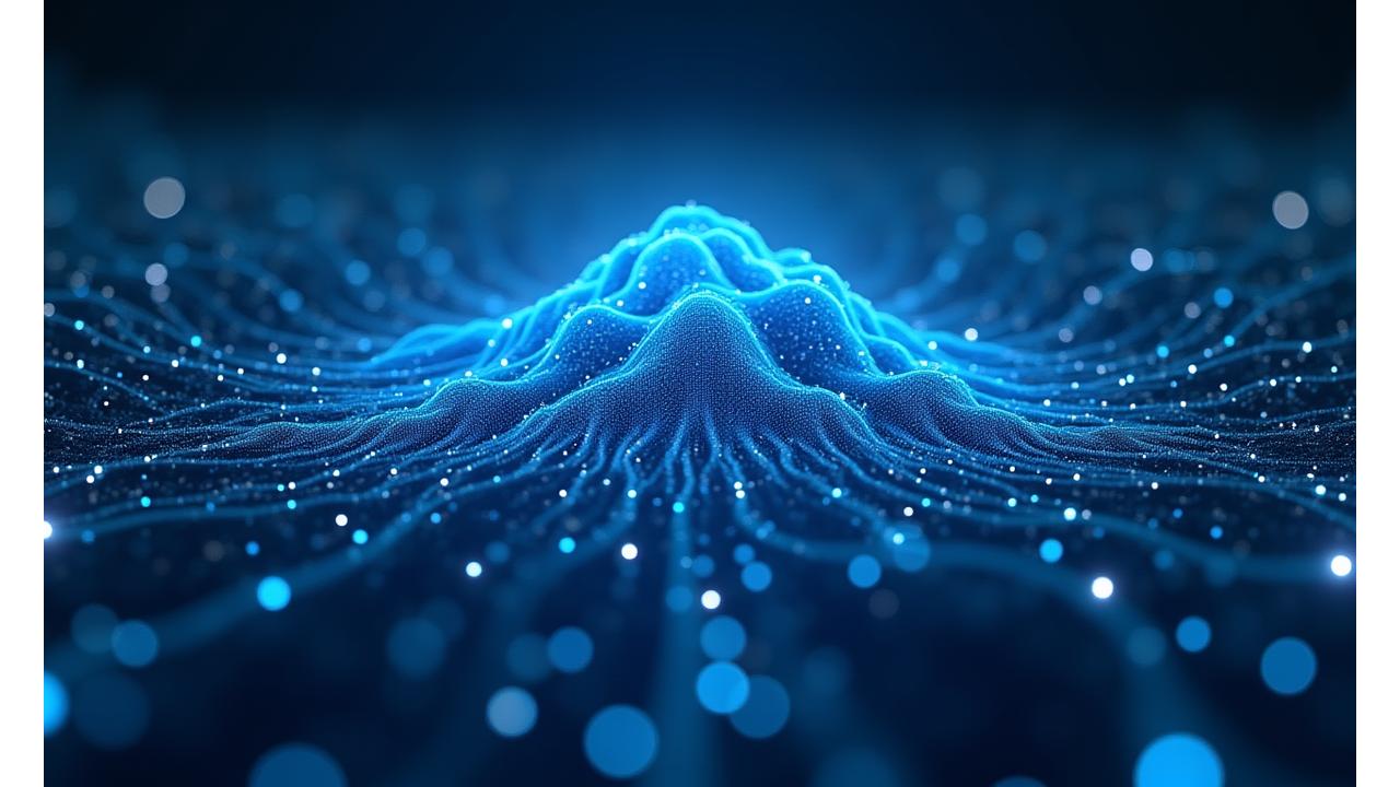 Devasa, kompleks bir bulut altyapısı görseli. Bağlantılı sunucular ve veri akışlarını temsil eden parlak ışık hatları futuristic bir şekilde gösterilmiş. Mavi ve cam tonları hakim.
