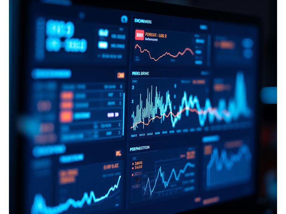 Büyük bir dijital ekran üzerinde gerçek zamanlı server performansı grafiklerini, ağ gecikme sürelerini ve oyuncu etkileşim oranlarını gösteren bir kontrol paneli. Veriler parlayan çizgiler ve renkli histogramlarla temsil edilmiş.