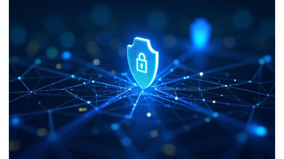 Dijital bir ağın üzerinde parlayan bir kalkan ve kilit simgeleri. Ağ, blockchain benzeri güvenli veri akışını temsil eden geometrik çizgilerden oluşuyor. Yeşil ve mavi tonları hakim.