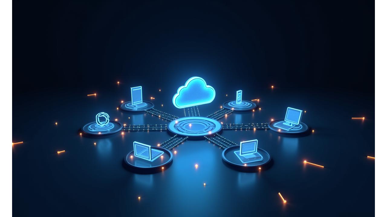 Büyük bulut oyun platformlarının logolarının ve çeşitli cihazların (telefon, tablet, laptop, akıllı TV) birbiriyle bağlantılı olduğu, akıcı bir oyun deneyimini simgeleyen soyut bir kompozisyon.