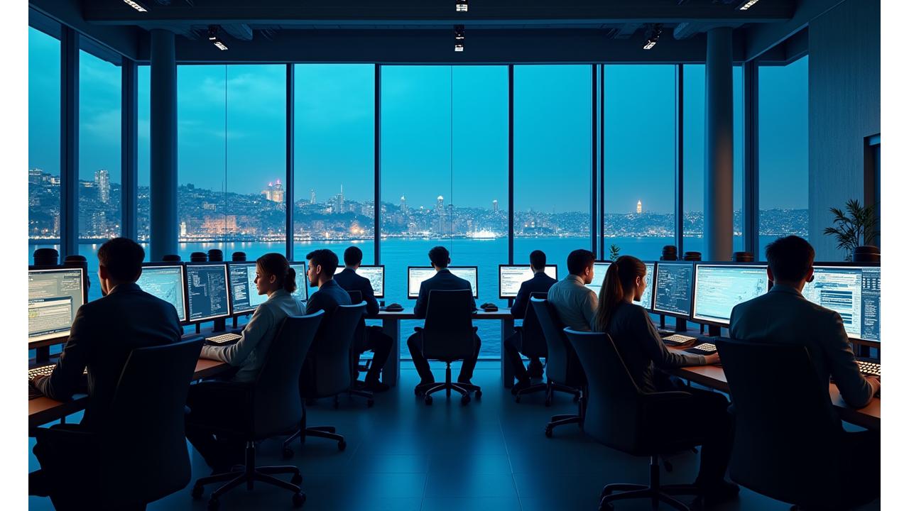 Piksel Çoban ekibinin modern bir ofis ortamında, ışıklı bilgisayar ekranları başında oyun geliştirme üzerine odaklanmış bir şekilde çalıştığını gösteren kompozisyon. Arka planda İstanbul silueti var.