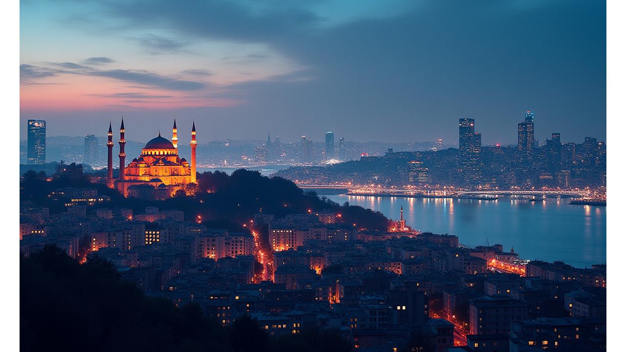 İstanbul'un tarihi ve modern yapılarını bir araya getiren bir panoramik fotoğraf, üzerinde parlayan teknolojik ağ bağlantıları ve oyun ikonları. Boğaz manzarası ön planda.