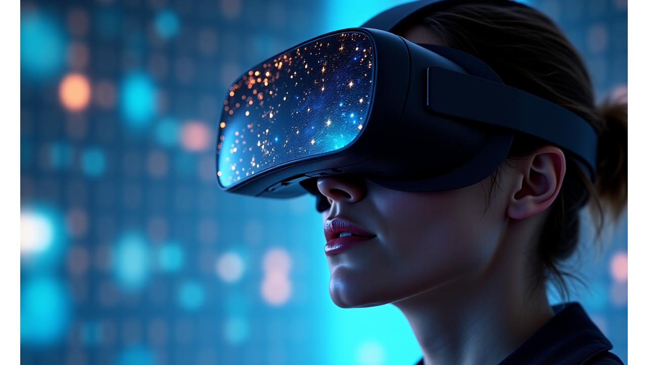 VR başlık takan bir oyuncunun yakın çekim görüntüsü, sanal dünyanın yansımaları.